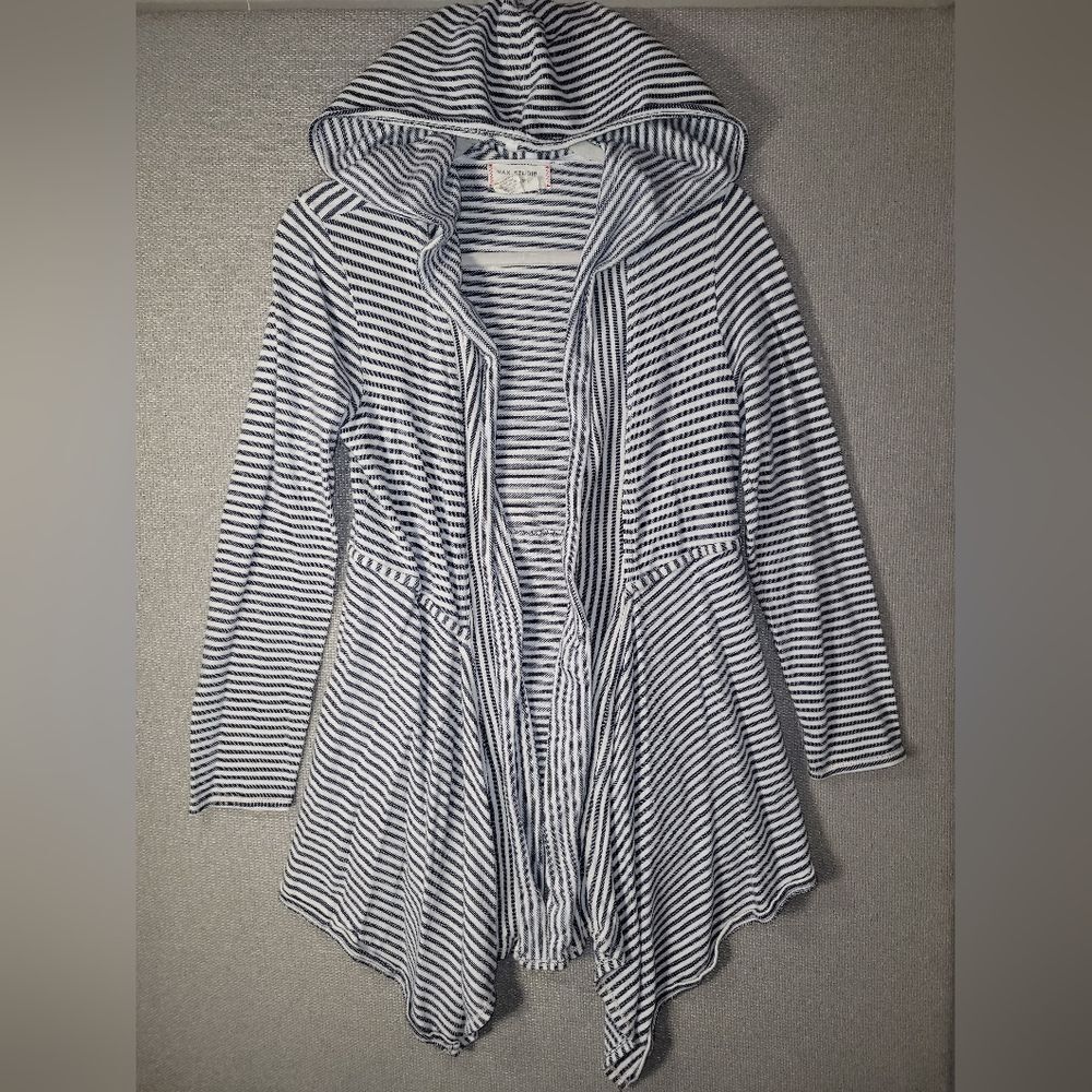 Max Studio Size Medium Blue White Striped Knit Open Front Hooded Cardigan